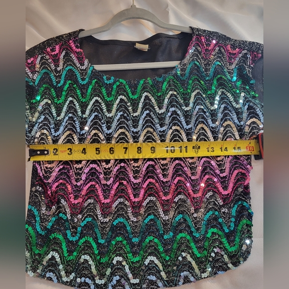 Vtg M 70s Rainbow Mattalic Chevron Sequin Disco Crop Top RIO Blouse USA UNION - Picture 4 of 10